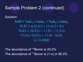 Sample Problem 2 (continued)
Solution:
AAM = %ab1 x mass1 + %ab2 x mass2
10.81 = x(10.01) + (1-x) (11.01)
10.81 = 10.01x + 11.01 – 11.01x
11.01x-10.01x = 11.01 -10.81
x = 0.2000
The abundance of 10Boron is 20.0%
The abundance of 11Boron is (1-x) or 80.0%
 