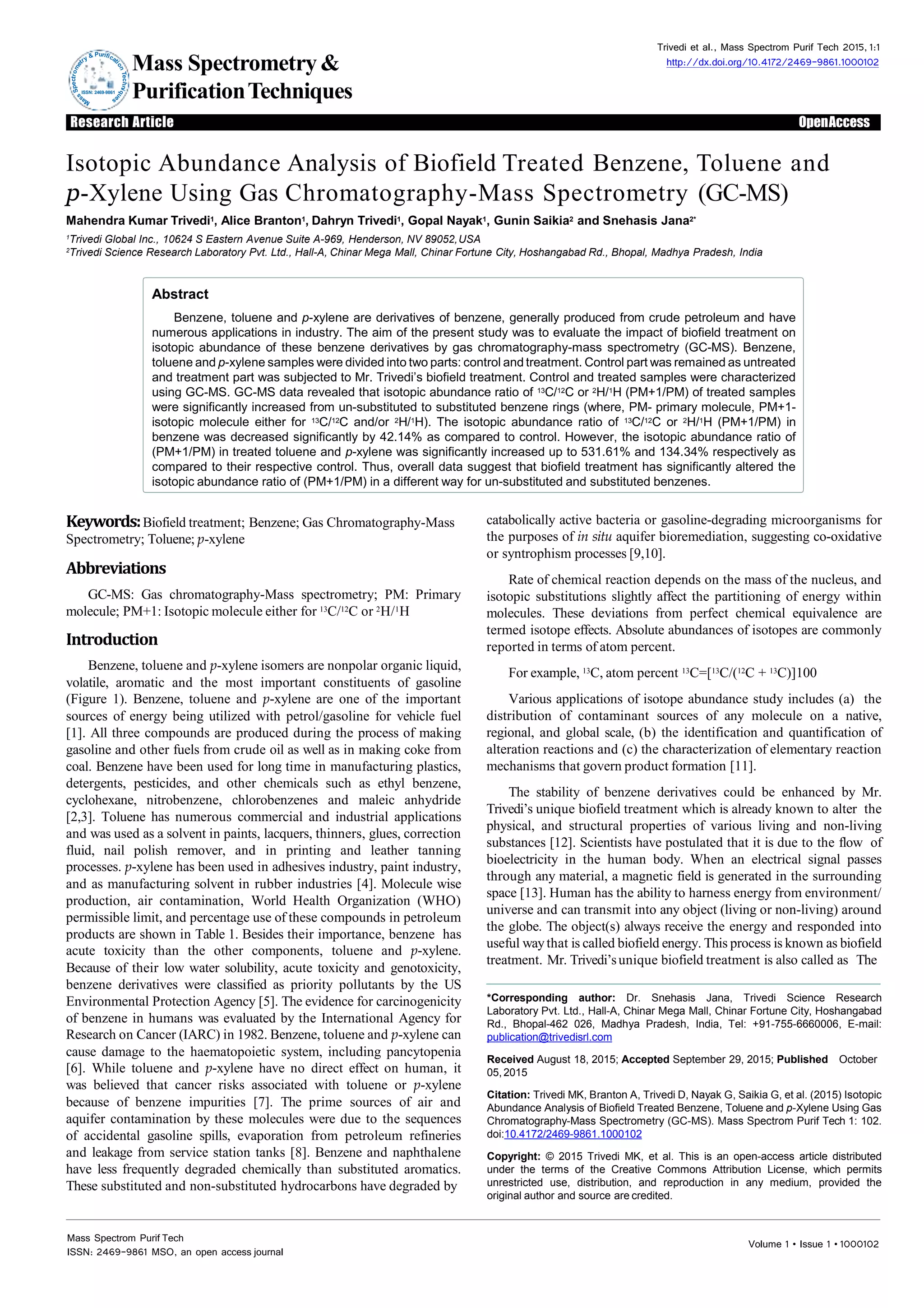 Isotopic Abundance Analysis of Biofield Treated Benzene, Toluene and p