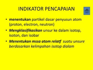 INDIKATOR PENCAPAIAN
• menentukan partikel dasar penyusun atom
(proton, electron, neutron)
• Mengklasifikasikan unsur ke dalam isotop,
isoton, dan isobar
• Menentukan mssa atom relatf suatu unsure
berdasarkan kelimpahan isotop dialam
 