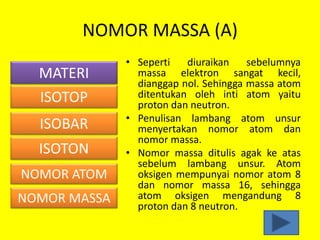 NOMOR MASSA (A)
• Seperti diuraikan sebelumnya
massa elektron sangat kecil,
dianggap nol. Sehingga massa atom
ditentukan oleh inti atom yaitu
proton dan neutron.
• Penulisan lambang atom unsur
menyertakan nomor atom dan
nomor massa.
• Nomor massa ditulis agak ke atas
sebelum lambang unsur. Atom
oksigen mempunyai nomor atom 8
dan nomor massa 16, sehingga
atom oksigen mengandung 8
proton dan 8 neutron.
MATERI
ISOTON
NOMOR MASSA
NOMOR ATOM
ISOTOP
ISOBAR
 