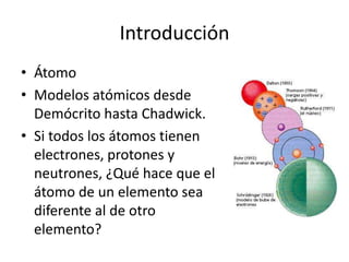 Introducción
• Átomo
• Modelos atómicos desde
  Demócrito hasta Chadwick.
• Si todos los átomos tienen
  electrones, protones y
  neutrones, ¿Qué hace que el
  átomo de un elemento sea
  diferente al de otro
  elemento?
 