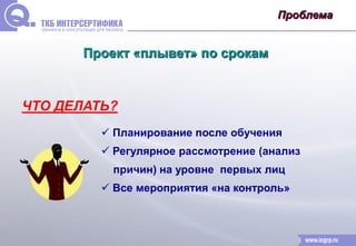 Проблема 
Проект «плывет» по срокам 
 Планирование после обучения 
 Регулярное рассмотрение (анализ 
причин) на уровне первых лиц 
 Все мероприятия «на контроль» 
ЧТО ДЕЛАТЬ? 
 