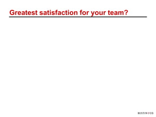 Greatest satisfaction for your team?




 Top motivator of performance is “progress.” Harvard Business Review, Feb. 2010
 