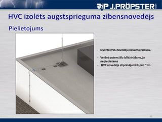 40
- Ievērto HVC novedēja liekuma radiusu.
- Veidot potenciālu izlīdzināšanu, ja
nepieciešams
- HVC novedēja stiprinājumi ik pēc ~1m
 