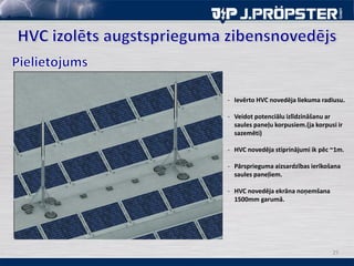 4125
- Ievērto HVC novedēja liekuma radiusu.
- Veidot potenciālu izlīdzināšanu ar
saules paneļu korpusiem.(ja korpusi ir
sazemēti)
- HVC novedēja stiprinājumi ik pēc ~1m.
- Pārsprieguma aizsardzības ierīkošana
saules paneļiem.
- HVC novedēja ekrāna noņemšana
1500mm garumā.
 