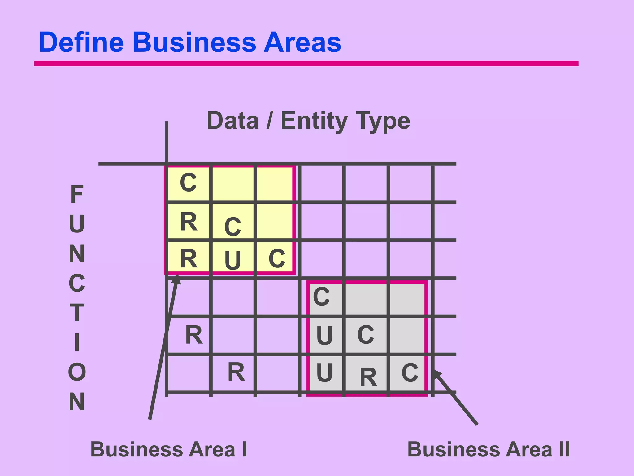 Define Business Areas

                   Data / Entity Type


  F           C
  U           R     C
  N           R     U   C
  C
                            C
  T
  I            R            U C
  O                 R       U R C
  N
      Business Area I               Business Area II
 