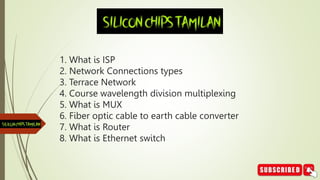 1. What is ISP
2. Network Connections types
3. Terrace Network
4. Course wavelength division multiplexing
5. What is MUX
6. Fiber optic cable to earth cable converter
7. What is Router
8. What is Ethernet switch
 