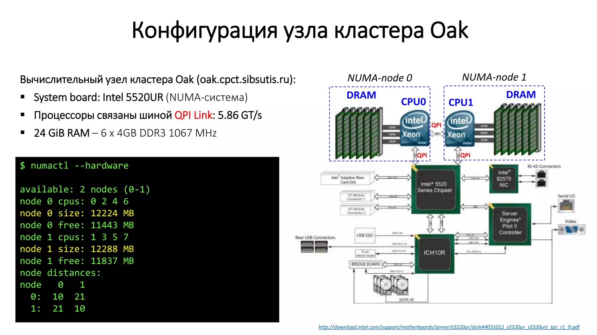 Конфигурация узла кластера Oak
Вычислительный узел кластера Oak (oak.cpct.sibsutis.ru):
 System board: Intel 5520UR (NUMA-система)
 Процессоры связаны шиной QPI Link: 5.86 GT/s
 24 GiB RAM – 6 x 4GB DDR3 1067 MHz
$ numactl --hardware
available: 2 nodes (0-1)
node 0 cpus: 0 2 4 6
node 0 size: 12224 MB
node 0 free: 11443 MB
node 1 cpus: 1 3 5 7
node 1 size: 12288 MB
node 1 free: 11837 MB
node distances:
node 0 1
0: 10 21
1: 21 10
http://download.intel.com/support/motherboards/server/s5520ur/sb/e44031012_s5520ur_s5520urt_tps_r1_9.pdf
CPU0 CPU1
DRAMDRAM
QPI
QPI QPI
NUMA-node 0 NUMA-node 1
 