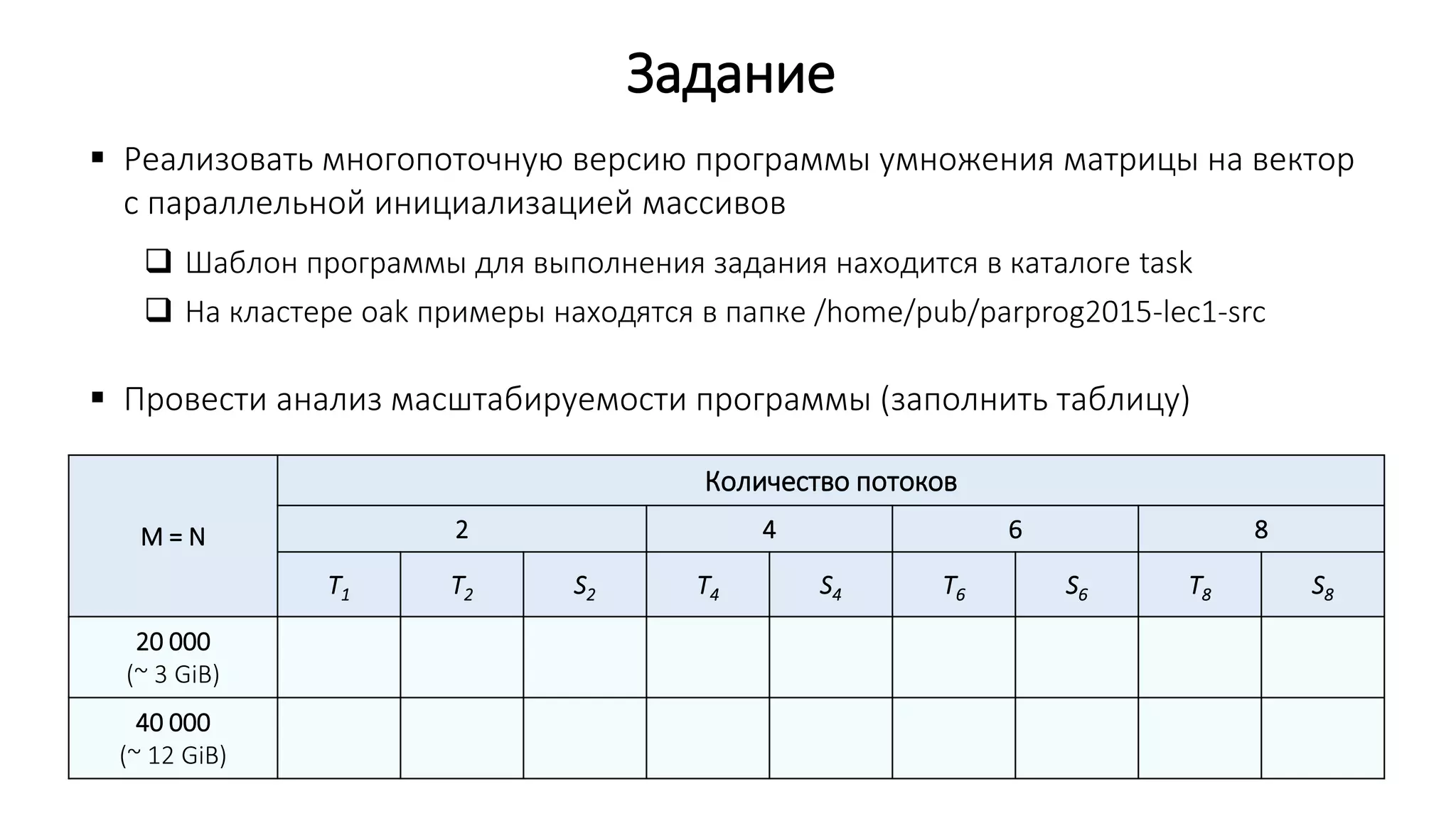 Задание
 Реализовать многопоточную версию программы умножения матрицы на вектор
с параллельной инициализацией массивов
 Шаблон программы для выполнения задания находится в каталоге task
 На кластере oak примеры находятся в папке /home/pub/parprog2015-lec1-src
 Провести анализ масштабируемости программы (заполнить таблицу)
M = N
Количество потоков
2 4 6 8
T1 T2 S2 T4 S4 T6 S6 T8 S8
20 000
(~ 3 GiB)
40 000
(~ 12 GiB)
 