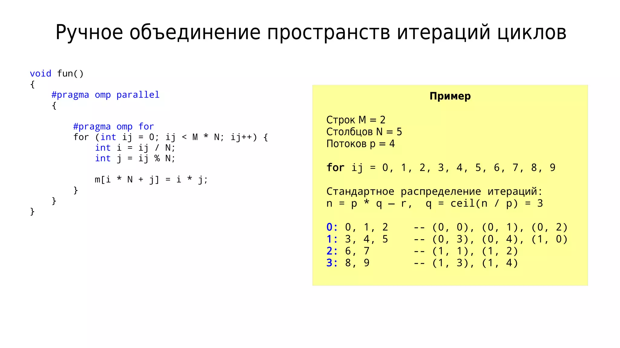 Ручное объединение пространств итераций циклов
void fun()
{
#pragma omp parallel
{
#pragma omp for
for (int ij = 0; ij < M * N; ij++) {
int i = ij / N;
int j = ij % N;
m[i * N + j] = i * j;
}
}
}
Пример
Cтрок M = 2
Столбцов N = 5
Потоков p = 4
for ij = 0, 1, 2, 3, 4, 5, 6, 7, 8, 9
Стандартное распределение итераций:
n = p * q — r, q = ceil(n / p) = 3
0: 0, 1, 2 -- (0, 0), (0, 1), (0, 2)
1: 3, 4, 5 -- (0, 3), (0, 4), (1, 0)
2: 6, 7 -- (1, 1), (1, 2)
3: 8, 9 -- (1, 3), (1, 4)
 