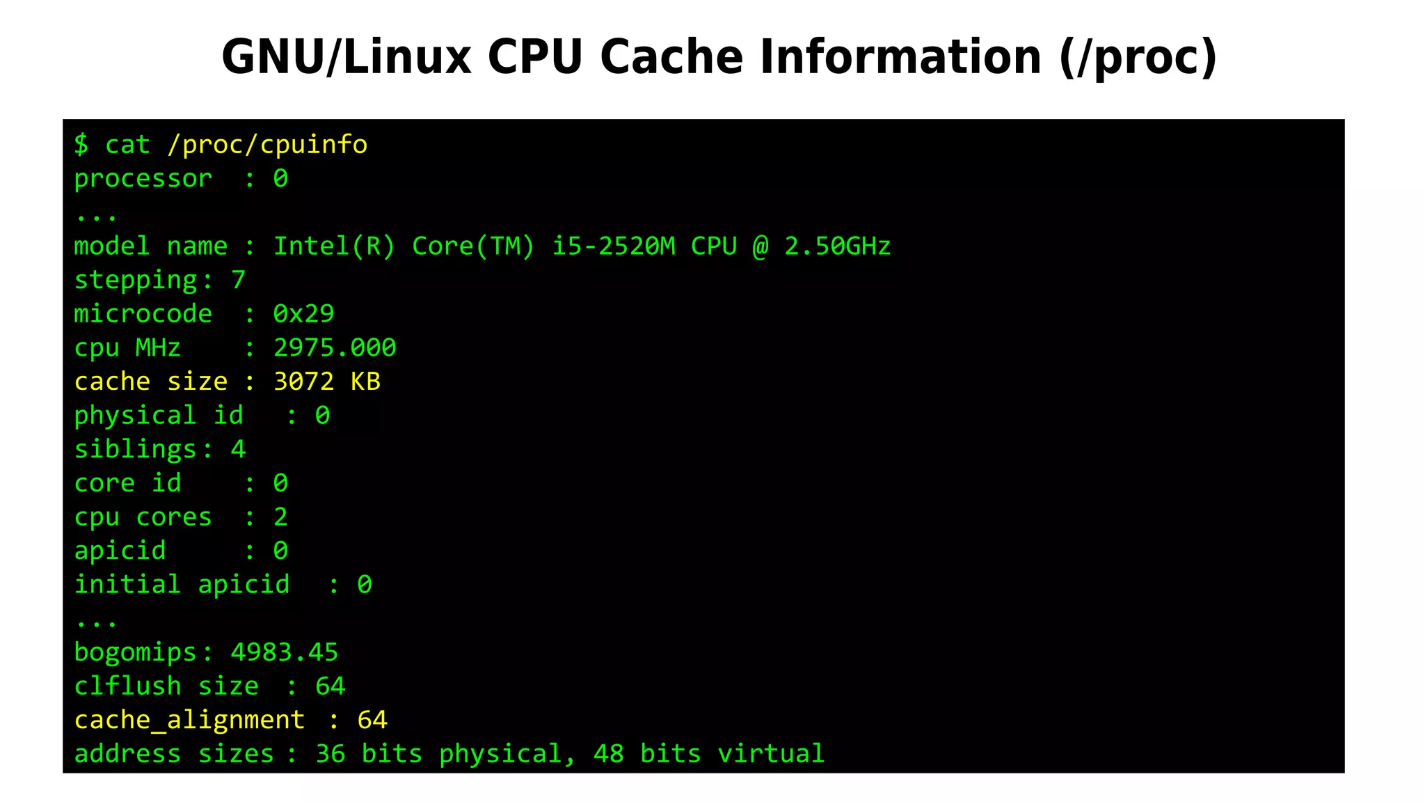 GNU/Linux CPU Cache Information (/proc)
$ cat /proc/cpuinfo
processor : 0
...
model name : Intel(R) Core(TM) i5-2520M CPU @ 2.50GHz
stepping: 7
microcode : 0x29
cpu MHz : 2975.000
cache size : 3072 KB
physical id : 0
siblings: 4
core id : 0
cpu cores : 2
apicid : 0
initial apicid : 0
...
bogomips: 4983.45
clflush size : 64
cache_alignment : 64
address sizes : 36 bits physical, 48 bits virtual
 
