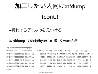 Nov.2015 Tajima Hirotaka
pmacct もイケてる
% pmacct -s -T bytes -p /tmp/a.pipe
TAG SRC_IP DST_IP SRC_PORT DST_PORT PACKETS BYTE...