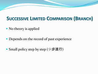  No theory is applied
 Depends on the record of past experience
 Small policy step by step (少步進行)
SUCCESSIVE LIMITED COMPARISON (BRANCH)
 