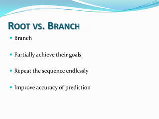 ROOT VS. BRANCH
 Branch
 Partially achieve their goals
 Repeat the sequence endlessly
 Improve accuracy of prediction
 