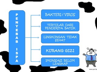 P E N Y E B A B I S P A KURANG GIZI IMUNISASI  BELUM LENGKAP LINGKUNGAN  TIDAK SEHAT TERTULAR  DARI PENDERITA  BATUK BAKTERI / VIRUS 