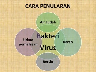 CARA PENULARAN
Bakteri
Virus
Air Ludah
Darah
Bersin
Udara
pernafasan
 