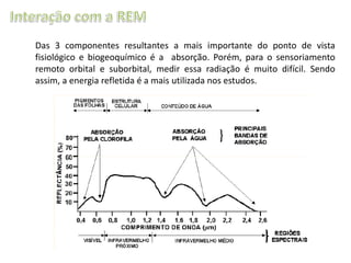 Das 3 componentes resultantes a mais importante do ponto de vista
fisiológico e biogeoquímico é a absorção. Porém, para o sensoriamento
remoto orbital e suborbital, medir essa radiação é muito difícil. Sendo
assim, a energia refletida é a mais utilizada nos estudos.

 