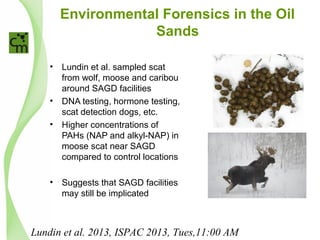 Environmental Forensics in the Oil
Sands
• Lundin et al. sampled scat
from wolf, moose and caribou
around SAGD facilities
• DNA testing, hormone testing,
scat detection dogs, etc.
• Higher concentrations of
PAHs (NAP and alkyl-NAP) in
moose scat near SAGD
compared to control locations
• Suggests that SAGD facilities
may still be implicated
Lundin et al. 2013, ISPAC 2013, Tues,11:00 AM
 