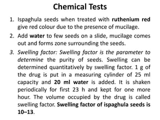 Chemical Tests
1. Ispaghula seeds when treated with ruthenium red
give red colour due to the presence of mucilage.
2. Add water to few seeds on a slide, mucilage comes
out and forms zone surrounding the seeds.
3. Swelling factor: Swelling factor is the parameter to
determine the purity of seeds. Swelling can be
determined quantitatively by swelling factor. 1 g of
the drug is put in a measuring cylinder of 25 ml
capacity and 20 ml water is added. It is shaken
periodically for first 23 h and kept for one more
hour. The volume occupied by the drug is called
swelling factor. Swelling factor of ispaghula seeds is
10–13.
 