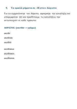 9. Τα ομαλά ρήματα σε -IR στον Αόριστο
Για να σχηματίσουμε τον Αόριστο, αφαιρούμε την κατάληξη του
απαρεμφάτου (ir) και προσθέτουμε τις καταλήξεις που
αντιστοιχούν σε κάθε πρόσωπο.
ΑΟΡΙΣΤΟΣ (escribir = γράφω)
escribí
escribiste
escribió
escribimos
escribisteis
escribieron
 