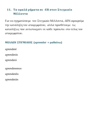 11. Τα ομαλά ρήματα σε -ER στον Στιγμιαίο
Μέλλοντα
Για να σχηματίσουμε τον Στιγμιαίο Μέλλοντα, ΔΕΝ αφαιρούμε
την κατάληξη του απαρεμφάτου, αλλά προσθέτουμε τις
καταλήξεις που αντιστοιχούν σε κάθε πρόσωπο στο τέλος του
απαρεμφάτου.
ΜΕΛΛΩΝ ΣΤΙΓΜΙΑΙΟΣ (aprender = μαθαίνω)
aprenderé
aprenderás
aprenderá
aprenderemos
aprenderéis
aprenderán
 