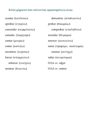 Άλλα ρήματα που κλίνονται ομοιοτρόπως είναι:
acostar (ξαπλώνω)
aprobar (εγκρίνω)
concordar (συμφιλιώνω)
consolar (παρηγορώ)
contar (μετράω)
costar (κοστίζω)
encontrar (ευρίσκω)
forzar (υποχρεώνω)
reforzar (ενισχύω)
mostrar (δεικνύω)
demostrar (αποδεικνύω)
probar (δοκιμάζω)
comprobar (επαληθεύω)
recordar (θυμάμαι)
renovar (ανανεώνω)
sonar (προφέρω, ακούγομαι)
resonar (αντηχώ)
soñar (ονειρεύομαι)
ΟΛΑ σε -olgar
ΟΛΑ σε -ontrar
 