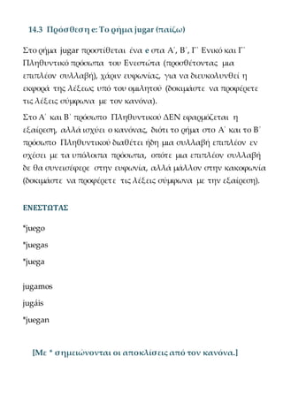 14.3 Πρόσθεση e: Το ρήμα jugar (παίζω)
Στο ρήμα jugar προστίθεται ένα e στα Α΄, Β΄, Γ΄ Ενικό και Γ΄
Πληθυντικό πρόσωπα του Ενεστώτα (προσθέτοντας μια
επιπλέον συλλαβή), χάριν ευφωνίας, για να διευκολυνθεί η
εκφορά της λέξεως υπό του ομιλητού (δοκιμάστε να προφέρετε
τις λέξεις σύμφωνα με τον κανόνα).
Στο Α΄ και Β΄ πρόσωπο Πληθυντικού ΔΕΝ εφαρμόζεται η
εξαίρεση, αλλά ισχύει ο κανόνας, διότι το ρήμα στο Α΄ και το Β΄
πρόσωπο Πληθυντικού διαθέτει ήδη μια συλλαβή επιπλέον εν
σχέσει με τα υπόλοιπα πρόσωπα, οπότε μια επιπλέον συλλαβή
δε θα συνεισέφερε στην ευφωνία, αλλά μάλλον στην κακοφωνία
(δοκιμάστε να προφέρετε τις λέξεις σύμφωνα με την εξαίρεση).
ΕΝΕΣΤΩΤΑΣ
*juego
*juegas
*juega
jugamos
jugáis
*juegan
[Με * σημειώνονται οι αποκλίσεις από τον κανόνα.]
 