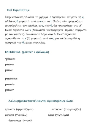 15.3 Πρόσθεση z
Στην ισπανική γλώσσα το γράμμα c προφέρεται εν γένει ως κ,
αλλά ως θ μπροστά από το e και το i. Οπότε, εάν εφαρμόζαμε
απαρέγκλιτα τον κανόνα, το c, από θ, θα προφερόταν στο Α΄
Ενικό πρόσωπο ως κ (δοκιμάστε να προφέρετε τη λέξη σύμφωνα
με τον κανόνα). Για αυτό το λόγο, στο Α΄ Ενικό πρόσωπο
προστίθεται το z (θ) μπροστά από το c, για να διατηρηθεί η
προφορά του θ, χάριν ευφωνίας.
ΕΝΕΣΤΩΤΑΣ (parecer = φαίνομαι)
*parezco
pareces
parece
parecemos
parecéis
parecen
Άλλα ρήματα που κλίνονται ομοιοτρόπως είναι:
aparecer (εμφανίζομαι)
conocer (γνωρίζω)
desconocer (αγνοώ)
reconocer (αναγνωρίζω)
nacer (γεννιέμαι)
 