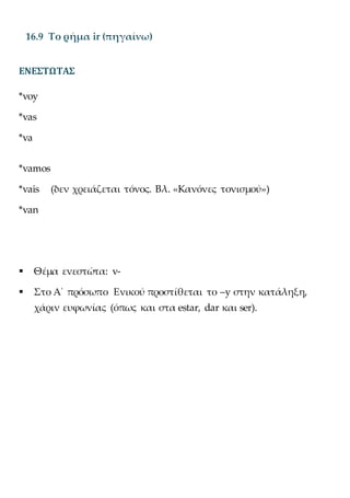 16.9 Το ρήμα ir (πηγαίνω)
ΕΝΕΣΤΩΤΑΣ
*voy
*vas
*va
*vamos
*vais (δεν χρειάζεται τόνος. Βλ. «Κανόνες τονισμού»)
*van
 Θέμα ενεστώτα: v-
 Στο Α΄ πρόσωπο Ενικού προστίθεται το –y στην κατάληξη,
χάριν ευφωνίας (όπως και στα estar, dar και ser).
 