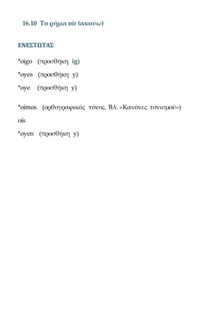 16.10 Το ρήμα oír (ακούω)
ΕΝΕΣΤΩΤΑΣ
*oigo (προσθήκη ig)
*oyes (προσθήκη y)
*oye (προσθήκη y)
*oímos (ορθογραφικός τόνος. Βλ. «Κανόνες τονισμού»)
οís
*oyen (προσθήκη y)
 