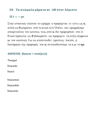 20. Τα ανώμαλα ρήματα σε -AR στον Αόριστο
20.1 c → qu
Στην ισπανική γλώσσα το γράμμα c προφέρεται εν γένει ως κ,
αλλά ως θ μπροστά από το e και το i. Οπότε, εάν εφαρμόζαμε
απαρέγκλιτα τον κανόνα, το c, από κ, θα προφερόταν στο Α΄
Ενικό πρόσωπο ως θ (δοκιμάστε να προφέρετε τη λέξη σύμφωνα
με τον κανόνα). Για να αποτυπωθεί γραπτώς, λοιπόν, η
διατήρηση της προφοράς του κ, αντικαθιστούμε το c με το qu.
ΑΟΡΙΣΤΟΣ (buscar = αναζητώ)
*busqué
buscaste
buscó
buscamos
buscasteis
buscaron
 