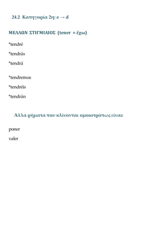 24.2 Κατηγορία 2η: e → d
ΜΕΛΛΩΝ ΣΤΙΓΜΙΑΙΟΣ (tener = έχω)
*tendré
*tendrás
*tendrá
*tendremos
*tendréis
*tendrán
Άλλα ρήματα που κλίνονται ομοιοτρόπως είναι:
poner
valer
 