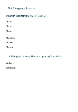 24.3 Κατηγορία 3η: cer → r
ΜΕΛΛΩΝ ΣΤΙΓΜΙΑΙΟΣ (hacer = κάνω)
*haré
*harás
*hará
*haremos
*haréis
*harán
Άλλα ρήματα που κλίνονται ομοιοτρόπως είναι:
deshacer
satisfacer
 