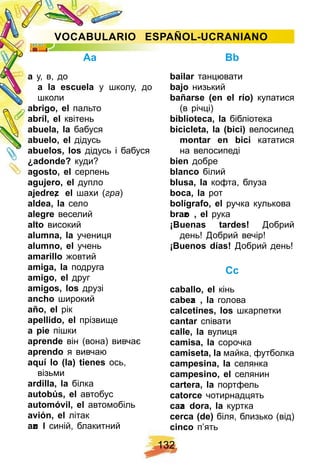1 3 2
Aa
а у, в, до
a la escuela у школу, до
школи
abrigo, el пальто
abril, el квітень
abuela, la бабуся
abuelo, el дідусь
abuelos, los дідусь і бабуся
¿ adonde? куди?
agosto, el серпень
aguj ero, el дупло
aj edrez, el шахи (гра)
aldea, la село
alegre веселий
alto високий
alumna, la учениця
alumno, el учень
amarillo жовтий
amiga, la подруга
amigo, el друг
amigos, los друзі
anch o широкий
añ o, el рік
ap ellido, el прізвище
a p ie пішки
ap rende він (вона) вивчає
ap rendo я вивчаю
aq uí lo ( la) tienes ось,
візьми
ardilla, la білка
autobú s, el автобус
automóvil, el автомобіль
avión, el літак
azu l синій, блакитний
Bb
bailar танцювати
baj o низький
bañ arse ( en el rí o) купатися
(в річці)
biblioteca, la бібліотека
bicicleta, la ( bici) велосипед
montar en bici кататися
на велосипеді
bien добре
blanco білий
blusa, la кофта, блуза
boca, la рот
bolí graf o, el ручка кулькова
brazo , el рука
¡ Вuenas tardes! Добрий
день! Добрий вечір!
¡ Buenos dí as! Добрий день!
Cc
caballo, el кінь
cabeza , la голова
calcetines, los шкарпетки
cantar співати
calle, la вулиця
camisa, la сорочка
camiseta, la майка, футболка
camp esina, la селянка
camp esino, el селянин
cartera, la портфель
catorce чотирнадцять
caza dora, la куртка
cerca ( de) біля, близько (від)
cinco п’ять
VOCABU LAR I O E SPAÑ OL- U CR AN I AN O
 