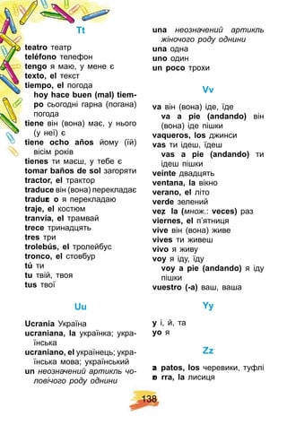 1 3 8
Tt
teatro театр
teléf ono телефон
tengo я маю, у мене є
tex to, el текст
tiemp o, el погода
h oy h ace buen ( mal) tiem-
p o сьогодні гарна (погана)
погода
tiene він (вона) має, у нього
(у неї) є
tiene och o añ os йому (їй)
вісім років
tienes ти маєш, у тебе є
tomar bañ os de sol загоряти
tractor, el трактор
traduce він (вона) перекладає
traduzc o я перекладаю
traj e, el костюм
tranví a, el трамвай
trece тринадцять
tres три
trolebú s, el тролейбус
tronco, el стовбур
tú ти
tu твій, твоя
tus твої
U u
U crania Україна
ucraniana, la українка; укра-
їнська
ucraniano, el українець; укра-
їнська мова; український
un неозначений артикль чо-
ловічого роду однини
una неозначений артикль
жіночого роду однини
una одна
uno один
un p oco трохи
Vv
va він (вона) іде, їде
va a p ie ( andando) він
(вона) іде пішки
vaq ueros, los джинси
vas ти ідеш, їдеш
vas a p ie ( andando) ти
ідеш пішки
veinte двадцять
ventana, la вікно
verano, el літо
verde зелений
vez, la ( множ.: veces) раз
viernes, el п’ятниця
vive він (вона) живе
vives ти живеш
vivo я живу
voy я іду, їду
voy a p ie ( andando) я іду
пішки
uestro ( а) ваш, ваша
Y y
y і, й, та
yo я
Z z
za p atos, los черевики, туфлі
zo rra, la лисиця
 