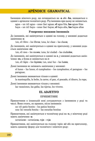 APÉNDICE GRAMATICAL
188
Іменники жіночого роду, що починаються на -а або -ha, вживаються в
однині з артиклем чоловічого роду. Рід іменника при цьому не змінюється.
agua – un (el) agua – unas (las) aguas; el agua fría, las aguas frías
haya – un (el) haya – unas (las) hayas; el haya alta, las hayas altas
Утворення множини іменників
До іменників, які закінчуються в однині на голосну, у множині додається
закінчення -s:
(un, el) libro – los libros; (una, la) clase – las clases;
До іменників, які закінчуються в однині на приголосну, у множині дода-
ється закінчення -es:
(un, el) mes – los meses; (una, la) ciudad – las ciudades;
До іменників, які закінчуються в однині на z, у множині додається закін-
чення -es, а буква z змінюється на с:
(un, el) lápiz – los lápices; (un, una) luz – las luces;
Деякі іменники не змінюють закінчення у множині:
el lunes – los lunes; el cumpleaños – los cumpleaños; el paraguas – los
paraguas;
Деякі іменники вживаються тільки в однині:
la mantequilla, la leche, la carne, el pan, el pescado, el dinero, la ropa;
Деякі іменники вживаються тільки у множині:
las vacaciones, las gafas, las tijeras, los víveres.
EL ADJETIVO
ПРИКМЕТНИК
Прикметники в іспанській мові узгоджуються з іменником у роді та
числі. Вони стоять, як правило, після іменників:
un (el) patio bonito – los patios bonitos
una (la) escuela bonita – las escuelas bonitas
Прикметники, які закінчуються в чоловічому роді на -о, у жіночому роді
мають закінчення -а:
ucraniano – ucraniana, rojo – roja
Прикметники, які закінчуються на голосну (крім -о) або на приголосну,
мають однакову форму для чоловічого і жіночого роду:
 