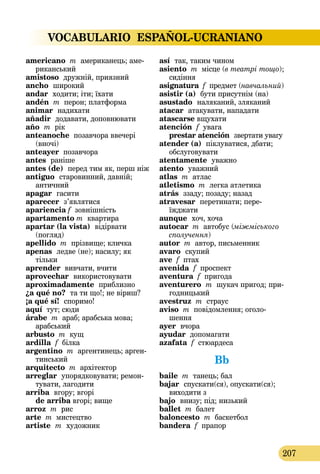 VOCABULARIO  ESPAÑOL-UCRANIANO
207
americano m американець; аме-
риканський
amistoso дружній, приязний
ancho широкий
andar  ходити; іти; їхати
andén m перон; платформа
animar  надихати
añadir  додавати, доповнювати
año m рік
anteanoche позавчора ввечері
(вночі)
anteayer позавчора
antes  раніше
antes (de)  перед тим як, перш ніж
antiguo  старовинний, давній;
античний
apagar  гасити
aparecer  з’являтися
apariencia f зовнішність
apartamento m квартира
apartar (la vista)  відірвати
(погляд)
apellido m прізвище; кличка
apenas  ледве (не); насилу; як
тільки
aprender вивчати, вчити
aprovechar  використовувати
aproximadamente  приблизно
¿a qué no?  та ти що!; не віриш?
¡a qué sí!  споримо!
aquí тут; сюди
árabe m араб; арабська мова;
арабський
arbusto m кущ
ardilla f білка
argentino m аргентинець; арген-
тинський
arquitecto m архітектор
arreglar  упорядковувати; ремон-
тувати, лагодити
arriba вгору; вгорі 
de arriba вгорі; вище
arroz m рис
arte m мистецтво
artiste  m  художник
así  так, таким чином
asiento m місце (в театрі тощо);
сидіння
asignatura f предмет (навчальний)
asistir (a)  бути присутнім (на)
asustado  наляканий, зляканий
atacar  атакувати, нападати
atascarse вщухати
atención f увага
prestar atención  звертати увагу
atender (a)  піклуватися, дбати;
обслуговувати
atentamente  уважно
atento  уважний
atlas m атлас
atletismo m легка атлетика
atrás  ззаду; позаду; назад
atravesar  перетинати; пере­
їжджати
aunque  хоч, хоча
autocar m автобус (міжміського
сполучення)
autor m автор, письменник
avaro  скупий
ave f птах
avenida f проспект
aventura f пригода
aventurero m шукач пригод; при­
годницький
avestruz m страус
aviso m повідомлення; оголо­
шення
ayer вчора
ayudar допомагати
azafata f стюардеса
Bb
baile m танець; бал
bajar  спускати(ся), опускати(ся);
виходити з
bajo  внизу; під; низький
ballet m балет
baloncesto m баскетбол
bandera f прапор
 