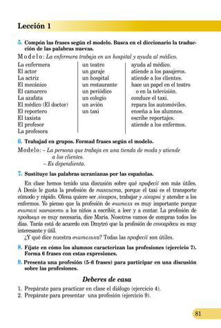 Lección 1
81
5.	Compón las frases según el modelo. Busca en el diccionario la traduc-
ción de las palabras nuevas.
M o d e l o : La enfermera trabaja en un hospital y ayuda al médico.
La enfermera	 un teatro	 ayuda al médico.
El actor	 un garaje	 atiende a los pasajeros.
La actriz	 un hospital	 atiende a los clientes.
El mecánico	 un restaurante	 hace un papel en el teatro
El camarero	 un periódico	 o en la televisión.
La azafata	 un colegio	 conduce el taxi.
El médico (El doctor)	 un avión	 repara los automóviles.
El reportero	 un taxi	 enseña a los alumnos.
El taxista		 escribe reportajes.
El profesor		 atiende a los enfermos.
La profesora		
6.	Trabajad en grupos. Formad frases según el modelo.
Modelo: – La persona que trabaja en una tienda de moda y atiende
		 a los clientes.
	 – Es dependienta.
7.	Sustituye las palabras ucranianas por las españolas.
En clase hemos tenido una discusión sobre qué професії son más útiles.
A Denís le gusta la profesión de таксиста, porque el taxi es el transporte
cómodo y rápido. Olena quiere ser лікарем, trabajar у лікарні y atender a los
enfermos. Yo pienso que la profesión de вчителя es muy importante porque
вчителі навчають a los niños a escribir, a leer y a contar. La profesión de
продавця es muy necesaria, dice María. Nosotros vamos de compras todos los
días. Tarás está de acuerdo con Dmytró que la profesión de стюардеси es muy
interesante y útil.
¿Y qué dice nuestra вчителька? Todas las професії son útiles.
8.	Fíjate en cómo los alumnos caracterizan las profesiones (ejercicio 7).
Forma 6 frases con estas expresiones.
9. Presenta una profesión (5–6 frases) para participar en una discusión
sobre las profesiones.
Deberes de casa
1.	 Prepárate para practicar en clase el diálogo (ejer­cicio 4).
2.	 Prepárate para presentar una profesión (ejercicio 9).
 