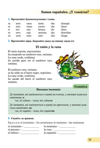 19
4.	Прочитайте буквосполучення і слова.
ra	 arra	 rana	 tarta	 cha	 champú
re	 erre	 remo	 correr	 che 	 checo
ri	 irri	 rico	 brinca	 chi	 chico
ro	 orro	 rojo	 morena	 cho	 chocolate
ru	 urru	 ruso	 raro	 chu	 chupa
5.	Прочитайте вірш. Звертайте увагу на вимову звука [r].
El ratón y la rana
El ratón marrón, marronísimo
ha comprado un sombrero raro, rarísimo.
La rana verde, verdísima
ha corrido para ver el sombrero raro,
rarísimo.
El sombrero raro, rarísimo
se ha caído en el barro negro, negrísimo.
La rana verde, verdísima
ha sacado del barro el sombrero raro,
rarísimo.
Множина іменників
До іменників, які закінчуються в однині на голосну, у множині додається
закінчення -s:
	 (un, el) cubano – (unos, los) cubanos
До іменників, які закінчуються в однині на приголосну, у множині дода-
ється закінчення -es:
	 (un, el) español – (unos, los) españoles
Gramática
6.	Cкажіть за зразком.
З р а з о к: el ucraniano – los ucranianos; la mexicana – las mexicanas
el ucraniano – 	 	 la mexicana – 	
el peruano – 	 	 la rusa – 	
el chileno – 	 	 la española – 	
 Somos españoles. ¿Y vosotros?
 