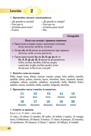 46
1. Прочитайте діалоги і поспілкуйтеся. 
– ¿Es grande tu escuela? – ¿Es grande tu colegio?
– Creo que sí. – Creo que no.
– ¿Cuántos pisos tiene? – ¿Cuántos pisos tiene?
– Cuatro. – Dos.
Ortografía
Поділ на склади і правила переносу
• Приголосна утворює склад з наступною голосною:
Jo-sé, mo-re-no, mé-di-co, ve-ra-no
• Літери ch, rr, ll ніколи не розділяються при переносі:
chi-le-no, ca-lle, co-rrer, gui-ta-rra
• Групи приголосних br, cr, dr, fr, gr, pr, tr та
    bl, cl, fl, gl, pl, dl, tl ніколи не розділяються:
li-bro, re-creo, An-drés, Á-fri-ca, ne-gro,
a-pren-der, in-glés, ha-blar, pa-dre, le-tra
de-cla-mar, re-flo-re-cer, cum-plir
2. Поділіть слова на склади.
Fidel, mapa, tema, dibujo, minuto, tomate, amigo, hola, pollito, camello,
apellido, checo, polaco, marrón, burra, chocоlate, chico, caramelo, karate,
zoológico, cabeza, mochila, caballero, encantado, bella; Madrid, Pedro,
palabra, entrar, cocodrilo, habla, nombre, bolígrafo, bicicleta
3. Прочитайте числа і вивчіть їх напам’ять.
11 12  13 14 15
once doce trece catorce quince
16 17 18 19 20
dieciséis diecisiete dieciocho diecinueve veinte
4. Скажіть за зразком.
З р а з о к: 11 (año) – once años
11 (año), 13 (chica), 6 (estadio), 20 (calle), 18 (árbol), 4 (patio), 15 (compa-
ñero), 5 (biblioteca), 10 (dama), 3 (teatro), 17 (clase), 9 (parque), 12 (escuela),
14 (profesora), 19 (alumno), 2 (letra), 7 (piano), 16 (dibujo), 8 (ciudad)
Lección     2
 