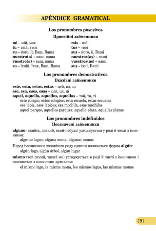 APÉNDICE GRAMATICAL
191
Los pronombres posesivos
Присвійні займенники
mi – мій, моя	 mis – мої
tu – твій, твоя	 tus – твої
su – його, її, Ваш, Ваша 	 sus – його, її, Ваші
nuestro(a) – наш, наша	 nuestros(as) – наші
vuestro(a) – ваш, ваша	 vuestros(as) – ваші
su – їхній, їхня, Ваш, Ваша	 sus – їхні, Ваші
Los pronombres demostrativos
Вказівні зaйменники
este, esta, estos, estas – цей, ця, ці
ese, esa, esos, esas – цей, ця, ці
aquel, aquella, aquellos, aquellas – той, та, ті
este colegio, estos colegios; esta escuela, estas escuelas
ese lápiz, esos lápices; esa mochila, esas mochilas
aquel parque, aquellos parques; aquella plaza, aquellas plazas
Los pronombres indefinidos
Неозначені займенники
alguno (якийсь, деякий, який-небудь) узгоджується у роді й числі з імен-
ником:
algunos lagos; alguna mona, algunas monas
Перед іменниками чоловічого роду однини вживається форма algún:
algún lago, algún árbol, algún lugar
mismo (той самий, такий же) узгоджується в роді й числі з іменником і
вживається з означеним артиклем:
el mismo lago, la misma mona, los mismos lagos, las mismas monas
 