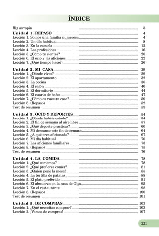 221
ÍNDICE
Від авторів .......................................................................................................... 3
Unidad 1. REPASO ...................................................................................... 4
Lección 1. Somos una familia numerosa ...........................................................a 4
Lección 2. Un día habitual.................................................................................. 8
Lección 3. En la escuela......................................................................................a 12
Lección 4. Las profesiones.................................................................................. 16
Lección 5. ¿Cómo te sientes? .............................................................................. 20
Lección 6. El ocio y las aﬁciones......................................................................... 22
Lección 7. ¿Qué tiempo hace?............................................................................. 26
Unidad 2. MI CASA..................................................................................... 29
Lección 1. ¿Dónde vives? .................................................................................... 29
Lección 2. El apartamento.................................................................................. 32
Lección 3. La cocina............................................................................................a 36
Lección 4. El salón .............................................................................................. 40
Lección 5. El dormitorio ..................................................................................... 44
Lección 6. El cuarto de baño .............................................................................. 47
Lección 7. ¿Cómo es vuestra casa?..................................................................... 50
Lección 8. (Repaso) ............................................................................................. 52
Test de resumen ................................................................................................. 53
Unidad 3. OCIO Y DEPORTES ................................................................. 54
Lección 1. ¿Dónde habéis estado? ...................................................................... 54
Lección 2. El ﬁn de semana al aire libre............................................................ 57
Lección 3. ¿Qué deporte practicas? .................................................................... 60
Lección 4. Mi descanso este ﬁn de semana........................................................a 64
Lección 5. ¿A qué eres aﬁcionado? ..................................................................... 67
Lección 6. Mi día habitual .................................................................................. 70
Lección 7. Las aﬁciones familiares..................................................................... 73
Lección 8. (Repaso) ............................................................................................. 75
Test de resumen ................................................................................................. 76
Unidad 4. LA COMIDA............................................................................... 78
Lección 1. ¿Qué comemos? ................................................................................. 78
Lección 2. ¿Qué preﬁeres comer?....................................................................... 81
Lección 3. ¿Quién pone la mesa?........................................................................ 85
Lección 4. La tortilla de patatas......................................................................... 88
Lección 5. El plato preferido .............................................................................. 91
Lección 6. El almuerzo en la casa de Olga.........................................................a 95
Lección 7. En el restaurante .............................................................................. 98
Lección 8. (Repaso) ............................................................................................. 100
Test de resumen ................................................................................................. 101
Unidad 5. DE COMPRAS............................................................................ 103
Lección 1. ¿Qué necesitas comprar?................................................................... 103
Lección 2. ¡Vamos de compras!........................................................................... 107
 