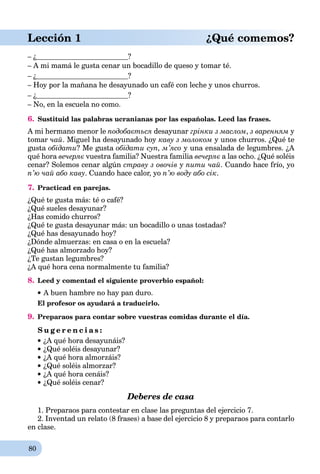 80
Lección 1 ¿Qué comemos?
– ¿ ?
– A mi mamá le gusta cenar un bocadillo de queso y tomar té.
– ¿ ?
– Hoy por la mañana he desayunado un café con leche y unos churros.
– ¿ ?
– No, en la escuela no como.
6. Sustituid las palabras ucranianas por las españolas. Leed las frases.
A mi hermano menor le подобається desayunar грінки з маслом, з варенням y
tomar чай. Miguel ha desayunado hoy каву з молоком y unos churros. ¿Qué te
gusta обідати? Me gusta обідати суп, м’ясо y una ensalada de legumbres. ¿A
qué hora вечеряє vuestra familia? Nuestra familia вечеряє a las ocho. ¿Qué soléis
cenar? Solemos cenar algún страву з овочів y пити чай. Cuando hace frío, yo
п’ю чай або каву. Cuando hace calor, уо п’ю воду або сік.
7. Practicad en parejas.
¿Qué te gusta más: té o café?
¿Qué sueles desayunar?
¿Has comido churros?
¿Qué te gusta desayunar más: un bocadillo o unas tostadas?
¿Qué has desayunado hoy?
¿Dónde almuerzas: en casa o en la escuela?
¿Qué has almorzado hoy?
¿Te gustan legumbres?
¿A qué hora cena normalmente tu familia?
8. Leed y comentad el siguiente proverbio español:
A buen hambre no hay pan duro.
El profesor os ayudará a traducirlo.
9. Preparaos para contar sobre vuestras comidas durante el día.
S u g e r e n c i a s :
¿A qué hora desayunáis?
¿Qué soléis desayunar?
¿A qué hora almorzáis?
¿Qué soléis almorzar?
¿A qué hora cenáis?
¿Qué soléis cenar?
Deberes de casa
1. Preparaos para contestar en clase las preguntas del ejercicio 7.
2. Inventad un relato (8 frases) a base del ejercicio 8 y preparaos para contarlo
en clase.
 