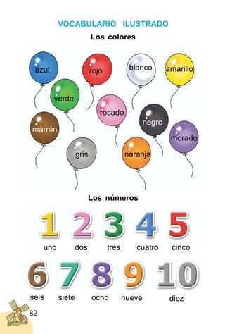 82
VOCABULARIO ILUSTRADO
Los colores
tres
azul rojo blanco
verde
rosado
morado
negro
marrón
gris naranja
amarillo
dosuno cuatro
diez
cinco
seis siete ocho nueve
Los números
 
