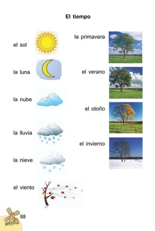 88
El tiempo
el sol
la luna
la nube
la lluvia
la nieve
el viento
la primavera
el verano
el otoño
el invierno
 