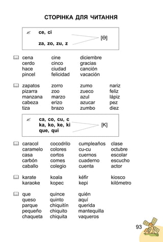 93
СТОРІНКА ДЛЯ ЧИТАННЯ
 ce, ci
[Ө]
za, zo, zu, z
 cena cine diciembre
cerdo cinco gracias
hace ciudad canción
pincel felicidad vacación
 zapatos zorro zumo nariz
pizarra zoo zueco feliz
manzana marzo azul lápiz
cabeza erizo azucar pez
tiza brazo zumbo diez
 ca, co, cu, c
ka, ko, ke, ki [K]
que, qui
 caracol cocodrilo cumpleaños clase
caramelo colores cu­cu octubre
casa cortos cuernos escolar
carbón comes cuaderno escucho
caballo colegio cuenta actor
 karate koala kéﬁr kiosco
karaoke kopec kepi kilómetro
 que quince quién
queso quinto aquí
parque chiquitín querida
pequeño chiquito mantequilla
chaqueta chiquita vaqueros
[Ө][Ө][Ө]
[K][K][K]
 