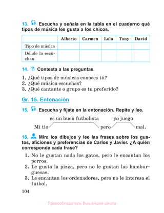 104
13. Escucha y señala en la tabla en el cuaderno qué
tipos de música les gusta a los chicos.
Alberto Carmen Lola Tony David
Tipo de mъsica
Dуnde la escu-
chan
14. Contesta a las preguntas.
1. їQuй tipos de mъsicas conoces tъ?
2. їQuй mъsica escuchas?
3. їQuй cantante o grupo es tu preferido?
Gr. 15. Entonación
15. Escucha y fíjate en la entonación. Repite y lee.
es un buen futbolista yo juego
Mi tнo pero mal.
16. Mira los dibujos y lee las frases sobre los gus-
tos, aﬁciones y preferencias de Carlos y Javier. ¿A quién
corresponde cada frase?
1. No le gustan nada los gatos, pero le encantan los
perros.
2. Le gusta la pizza, pero no le gustan las hambur-
guesas.
3. Le encantan los ordenadores, pero no le interesa el
fъtbol.
Правообладатель Вышэйшая школа
 