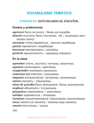 132
VOCABULARIO TEMÁTICO
UNIDAD IV. ESTUDIAMOS EL ESPAСOL
Gustos y preferencias
apetecer быть по вкусу / быць да спадобы
aburrir скучать; быть скучным, -ой / нудзіцца; вык-
лiкаць цноту
encantar очень нравиться / вельмi падабацца
gustar нравиться /падабацца
interesar интересовать /цiкавiць
preferir предпочитать / аддаваць перавагу
En la clase
aprender учить, изучать/ вучыць, вывучаць
apuntar записывать/ запiсваць
comprender понимать/разумець
contestar (a) отвечать /адказваць
empezar начинать(ся)/ пачынаць, пачынацца
entrar входить / уваходзiць
estar de guardia быть дежурным /быць дзяжурным
explicar объяснять/ тлумачыць
preguntar спрашивать / запытваць
saludar здороваться / вiтаццца
terminar заканчивать(ся)/ заканчваць/заканчвацца
tocar звенеть (о звонке) / звiнець (пра званок)
cuento (m) сказка / казка
Правообладатель Вышэйшая школа
 