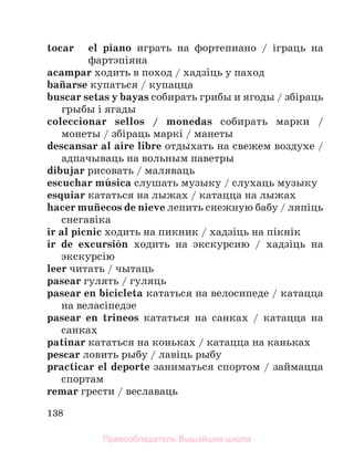 138
tocar el piano играть на фортепиано / іграць на
фартэпіяна
acampar ходить в поход / хадзiць у паход
baсarse купаться / купацца
buscar setas y bayas собирать грибы и ягоды / збiраць
грыбы i ягады
coleccionar sellos / monedas собирать марки /
монеты / збiраць маркi / манеты
descansar al aire libre отдыхать на свежем воздухе /
адпачываць на вольным паветры
dibujar рисовать / маляваць
escuchar mъsica слушать музыку / слухаць музыку
esquiar кататься на лыжах / катацца на лыжах
hacer muсecos de nieve лепить снежную бабу / ляпiць
снегавiка
ir al picnic ходить на пикник / хадзiць на пiкнiк
ir de excursiуn ходить на экскурсию / хадзiць на
экскурсiю
leer читать / чытаць
pasear гулять / гуляць
рasear en bicicleta кататься на велосипеде / катацца
на веласіпедзе
pasear en trineos кататься на санках / катацца на
санках
patinar кататься на коньках / катацца на каньках
pescar ловить рыбу / лавiць рыбу
practicar el deporte заниматься спортом / займацца
спортам
remar грести / веславаць
Правообладатель Вышэйшая школа
 