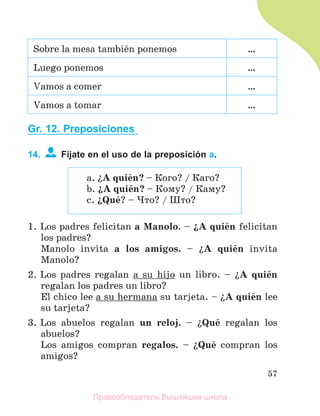 57
Sobre la mesa tambiйn ponemos …
Luego ponemos …
Vamos a comer …
Vamos a tomar …
Gr. 12. Preposiciones
14. Fíjate en el uso de la preposición a.
1. Los padres felicitan a Manolo. – їA quiйn felicitan
los padres?
Manolo invita a los amigos. – їA quiйn invita
Manolo?
2. Los padres regalan a su hijo un libro. – їA quiйn
regalan los padres un libro?
El chico lee a su hermana su tarjeta. – їA quiйn lee
su tarjeta?
3. Los abuelos regalan un reloj. – їQuй regalan los
abuelos?
Los amigos compran regalos. – їQuй compran los
amigos?
a. їA quiйn? – Кого? / Каго?
b. їA quiйn? – Кому? / Каму?
c. їQuй? – Что? / Што?
Правообладатель Вышэйшая школа
 
